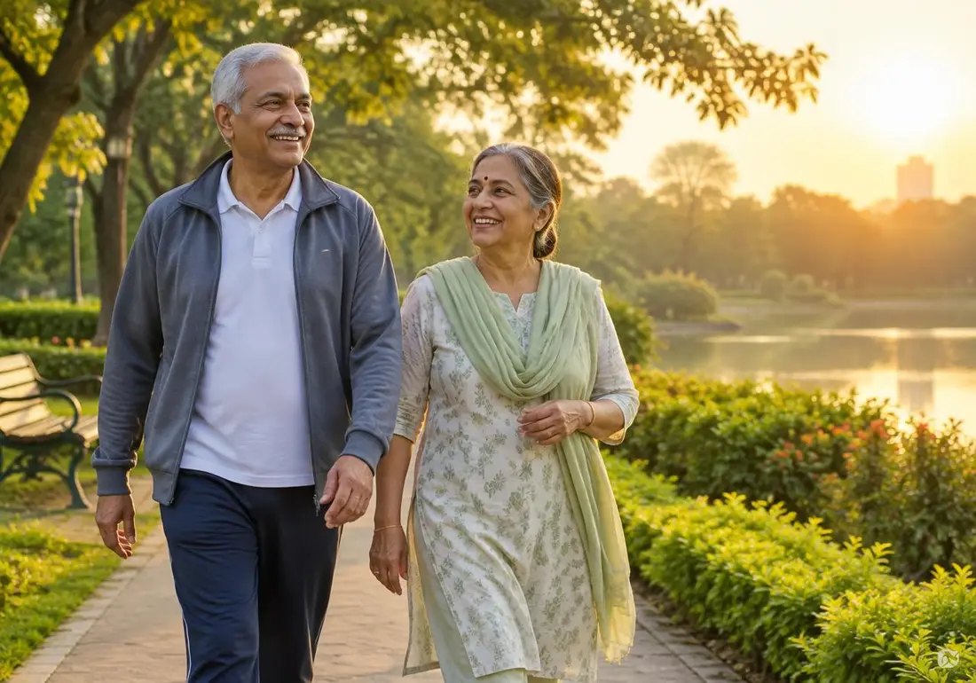Retired couple enjoying a morning walk in a park, representing post-retirement stability
